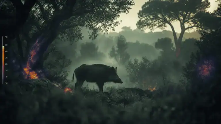Escena térmica de fauna en bosque