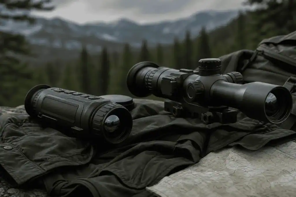 Monocular térmico comparado con visor térmico en entorno exterior